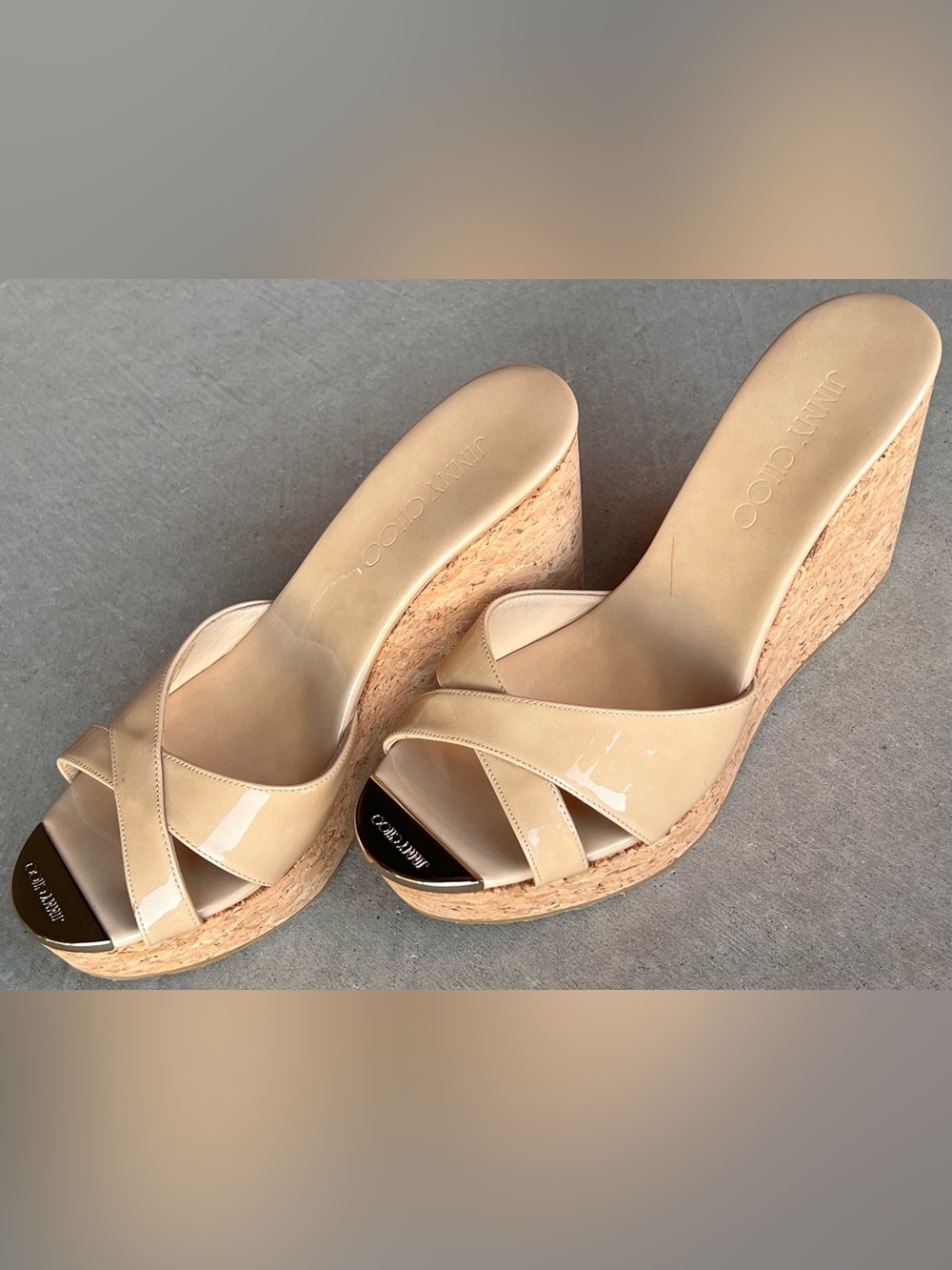 Jimmy Choo Perfume Nude Patent Leather Cork Platform Wedge Slide Sandals EU 38
